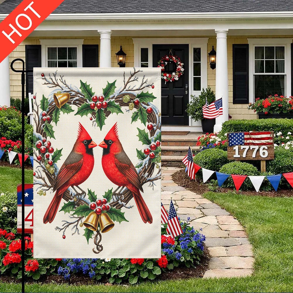 

Christmas Cardinal Birds Garden Flag Double Sided Print No Pole Included Winter Holly Berry Wreath Yard Decor