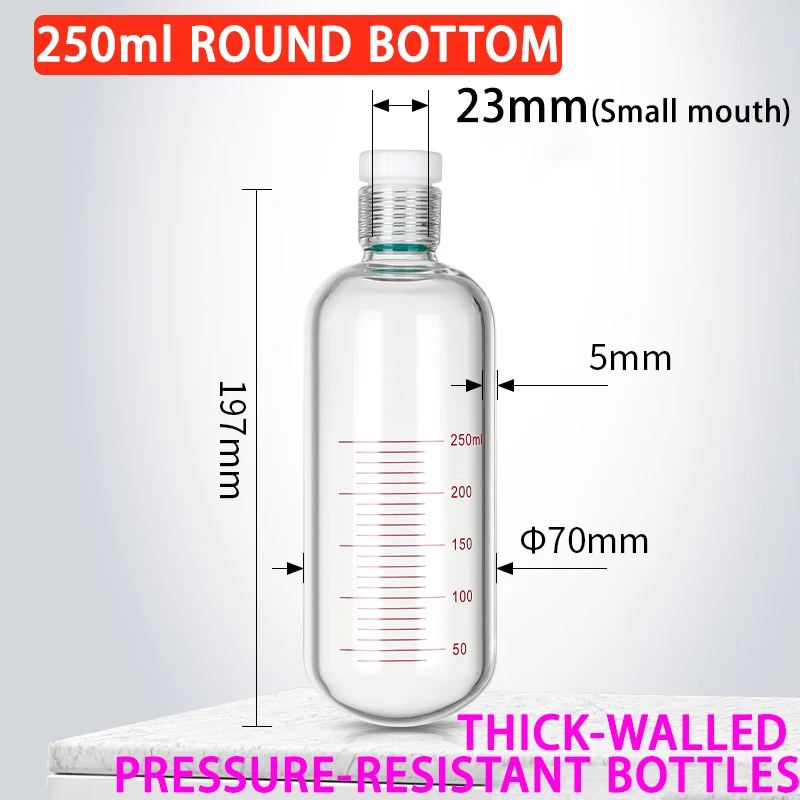 220-1000ml thick-walled pressure-resistant bottle with round bottom, screw-top glass colorimetric tube with scale PTFE