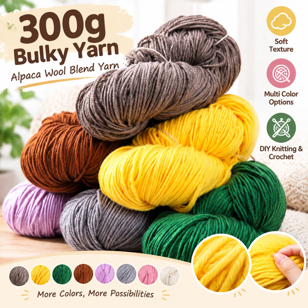 300g Bulky Alpaca Wool Blend Yarn, Hand Knitting Crochet Yarn for DIY Sweater Scarf Hat Shawl, Multi Color Craft Weaving Thread