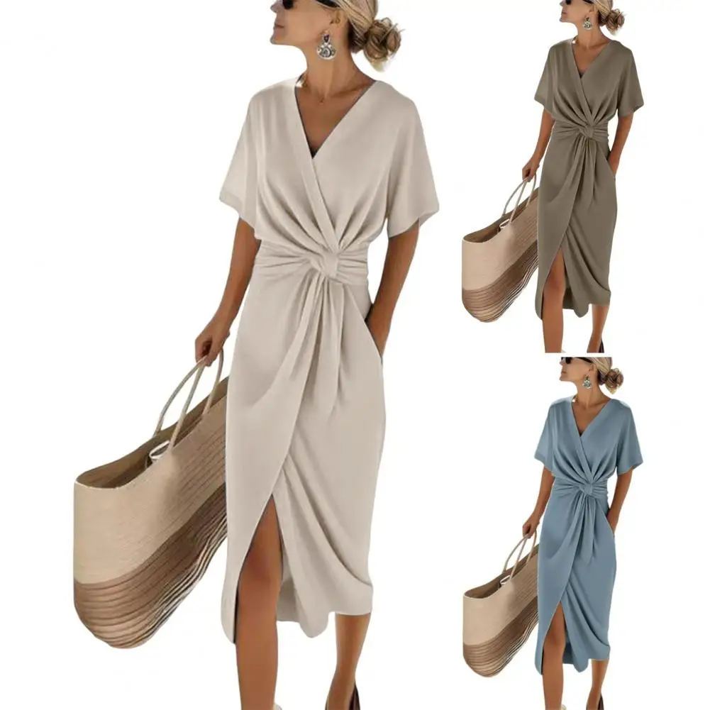 

Elegant V Neck Waist Draped Split Long Dress Woman Fashion Solid Irregular Party Dress Summer Short Sleeve Slim Vacation Dresses