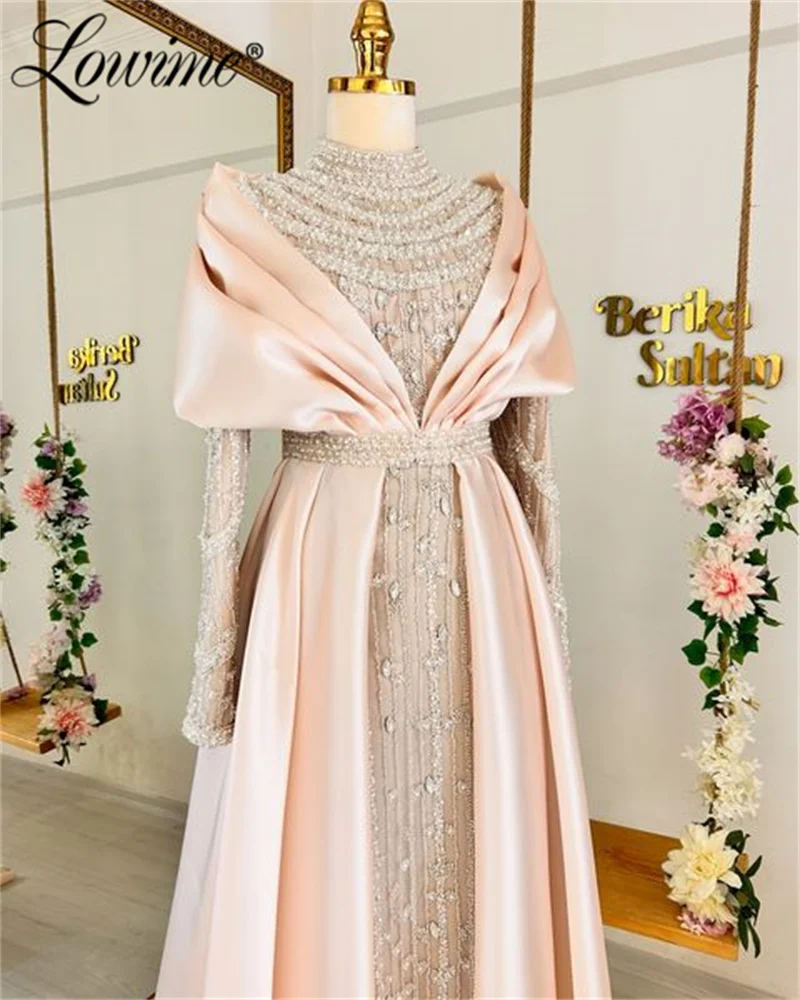 Dubai muçulmano rosa verde frisado vestido de festa alta pescoço mangas compridas vestidos de baile 2025 cristais personalizados vestidos de noite formais