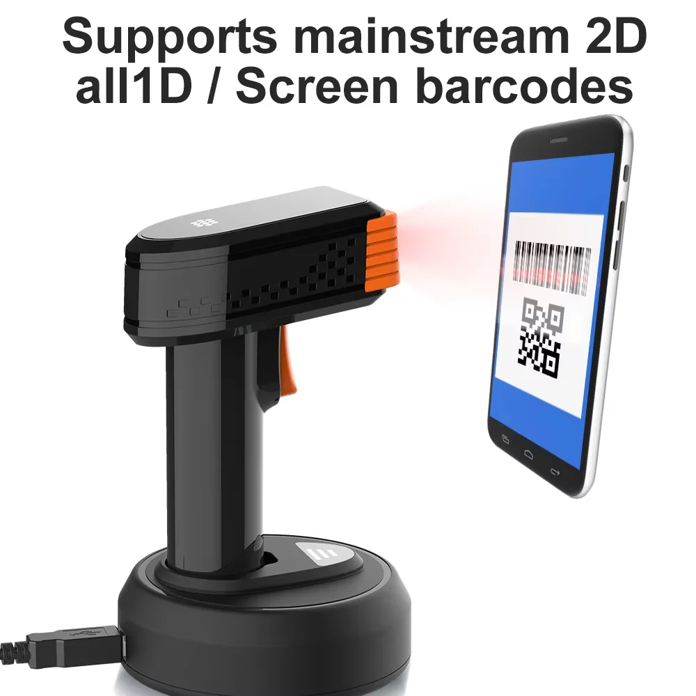 

2D беспроводной сканер штрих-кода 1D QR-код ручной считыватель штрих-кода 2,4G USB-пистолет сканирования для сканирования штрих-кода супермаркета