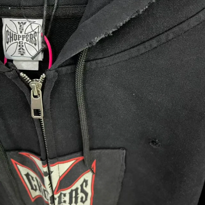Черные потертые куртки на молнии West Coast Choppers, толстовки для мужчин и женщин, толстовка большого размера из чистого хлопка с буквенным принтом логотипа