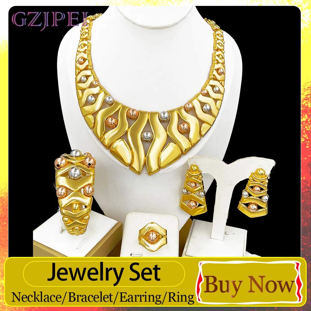 GZJPEI Luxury 3 Tone Jewelry Set Geometric Wave Bead Statement Necklace Earrings Bangle Ring 4Pcs Bridal Wedding Party Jewellery