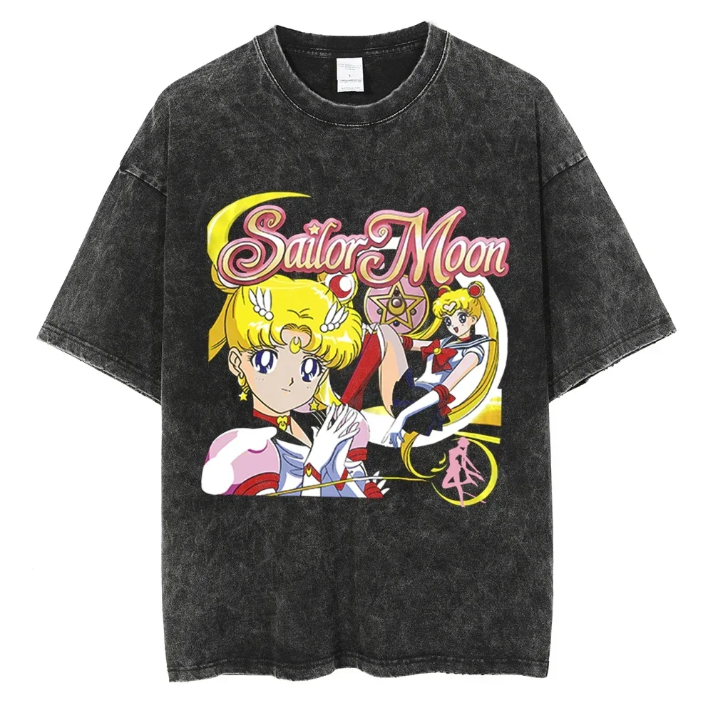 

Sailor Moon Anime Printed Washed T-Shirt for Women Four Seasons Retro Cotton Men's and Women's Same Street Clothing New Summer