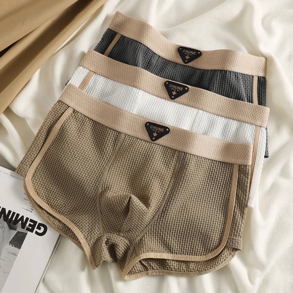 3 Teile/paket Mode Eis Seide Gestrickte Plaid Boxer Atmungsaktive Komfort Mesh Gabelung Unterhose Super Weiche Hohe Elastische männer Höschen