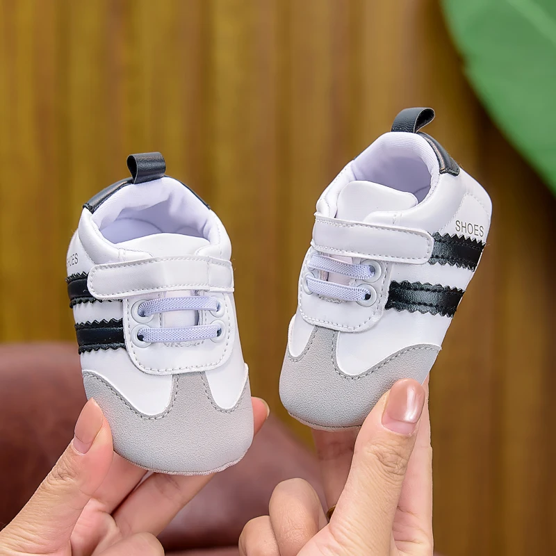 Frühlings- und Herbst-Babyschuhe, farblich abgesetzte, gestreifte Babyschuhe mit Klettverschluss, Lauflernschuhe mit weicher Sohle für Neugeborene, 0–12 Monate, Schuhe für Jungen und Mädchen – Detail 8