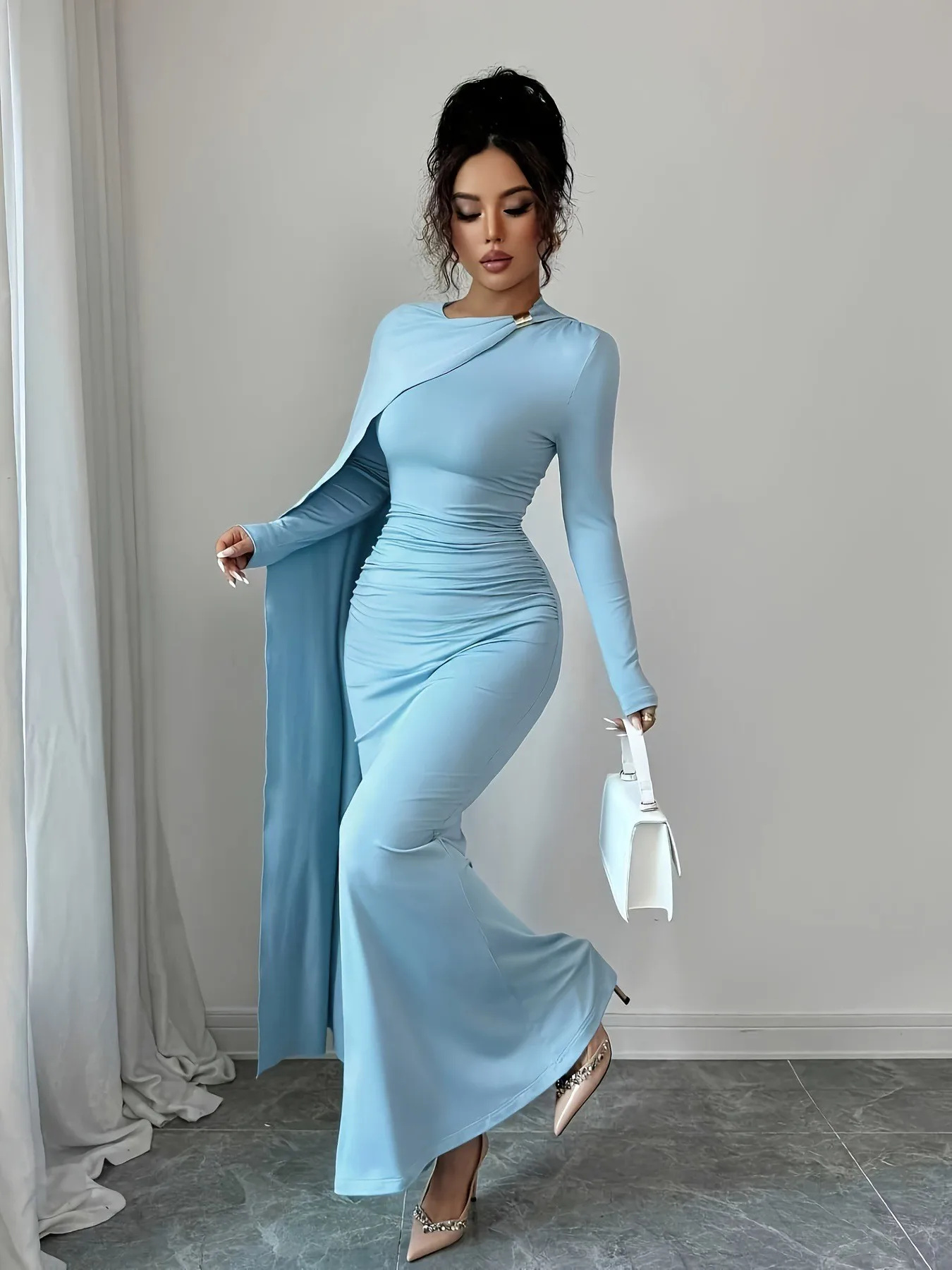 Tie Dye Dress Long Sleeve Relaxed Fit Individual Streetwear with Regular Sleeve Asymmetrical Mid Waist One Dress for Women