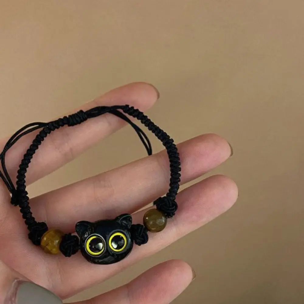 Cute Black Little Cat Braided Rope Bracelet for Women Men Funny Cat Beaded Adjustable Cartoon Animal Bracelet Harajuku Jewelry