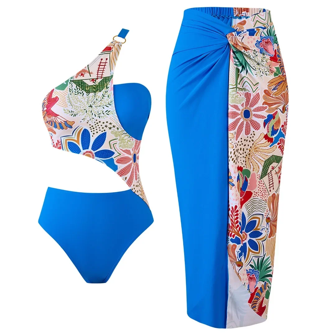 2025 Sexy One-piece Swimsuit Color Blocked Print Two-piece Set Polyester Skirt Hot Selling and Popular Swimsuit Set