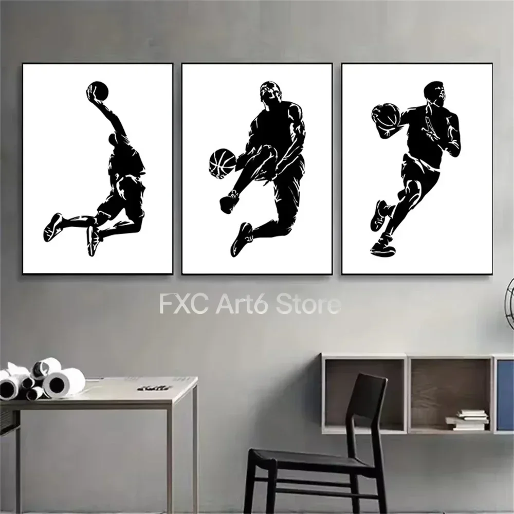 3pcs frameless --Black And White Basketball Canvas Poster Painting Abstract Wall Art Vibrant Sport Print Pictures Gym Bedroom Li