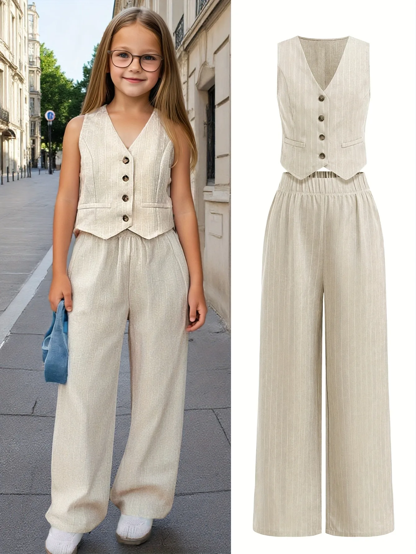 Conjunto Formal Infantil Feminino de 2 Peças em Linho - Colete Bege Listrado e Calça Pantalona