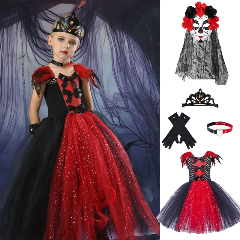 New 5pcs/set Vampire Queen Costume for Girls Spider Witch Halloween Long Tutu Dress Kids Carnival Outfit Gothic Feather Clothes
