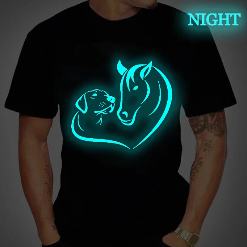 

Vintage Dog And Horse Print Luminous T Shirt Men Women Fun Animal Short Sleeve T-Shirt Cartoon Dog Horse Heart Pattern Male Tees