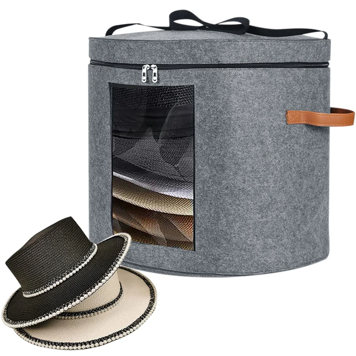 Hat Storage Box with Zippered Lid Clear Window Adjustable Shoulder Strap 18.9×18.9×17in Felt Round Pop Up Hat Box Dustproof