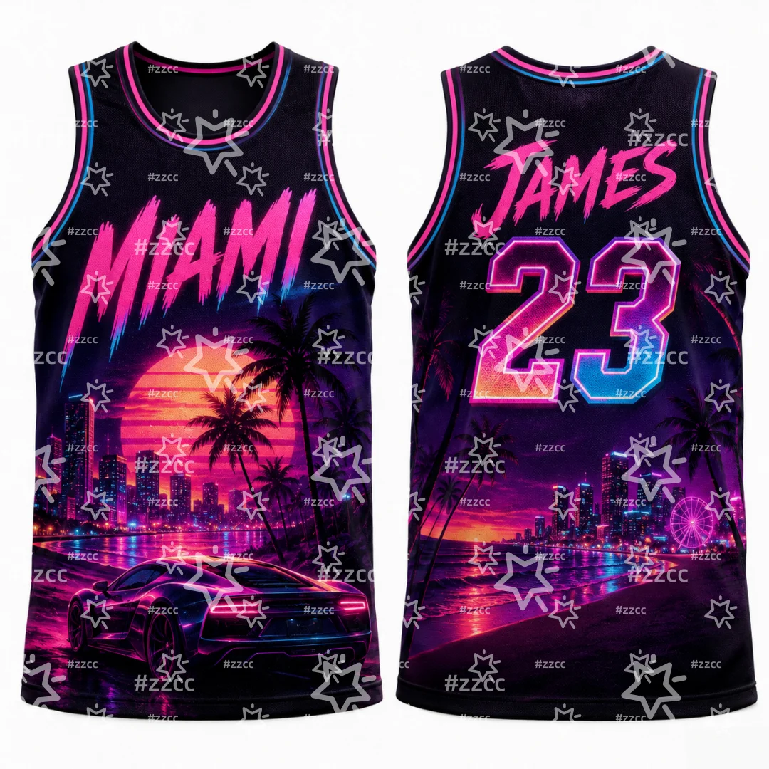 2026 Lebron James No.23 Basketball Jerseys Retro Miami Coastal Crime Graphic Tee Summer Sports Men's Vest Kid's Clothing