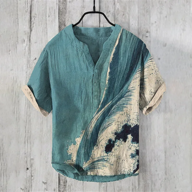 Spring and summer new style bee print V-neck short-sleeved shirt foreign trade fashion casual loose bamboo linen shirt top