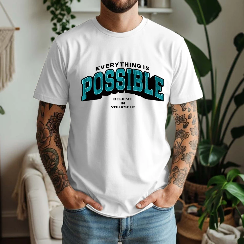 Mens 100% Cotton T Shirt Everything Is Possible Believe In Yourself 3D Letter Print Breathable Short Sleeve Casual Daily Tee