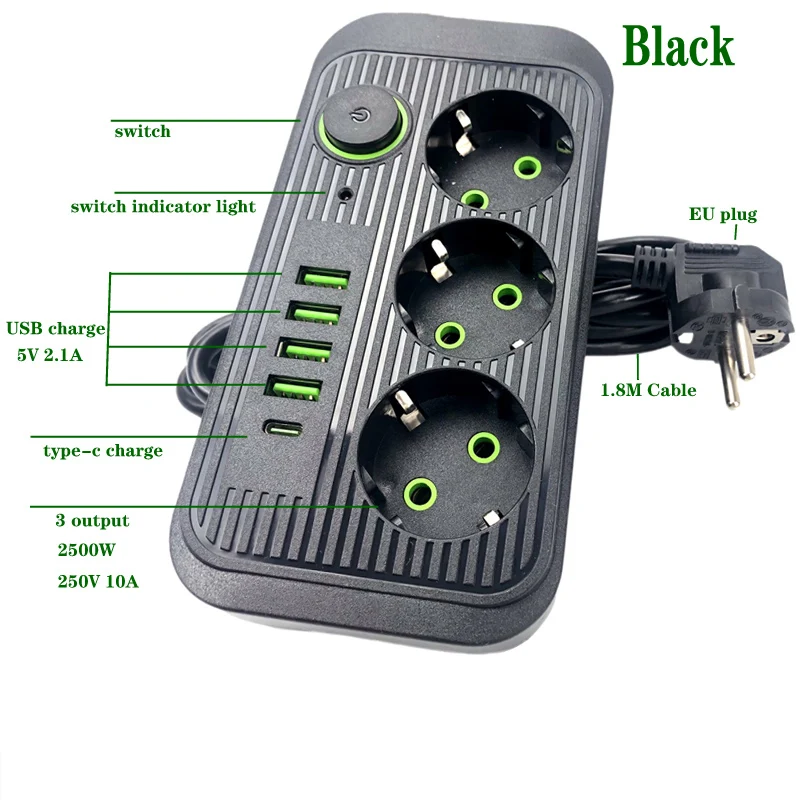 2 Round Pin EU Electrical Socket 3 Outlet Power Strip EU RUS Korea Plug With 3 USB Charge For Phones 1.8M Extension Cord Socket