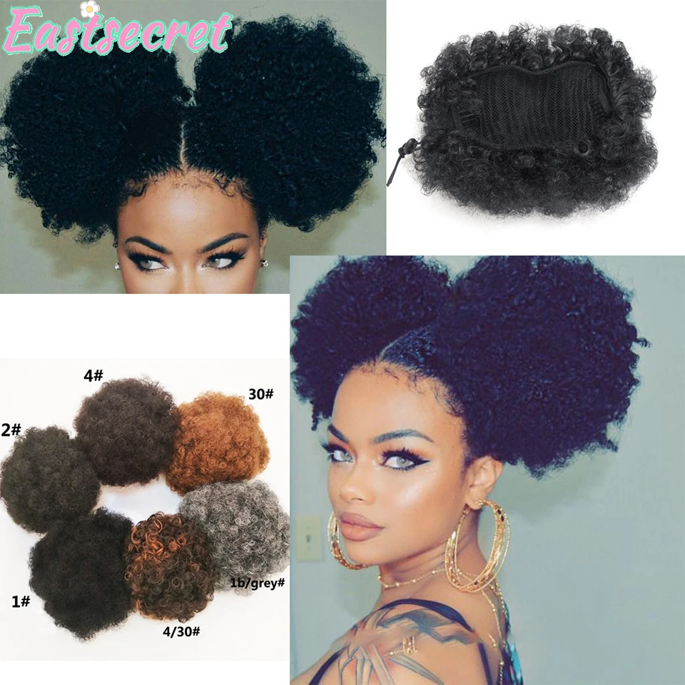 EAST Afro Puff Drawstring Ponytail for Girls Kids Black Women Small Size Synthetic Hair Buns Kinky Curly Hair Donut Chignon