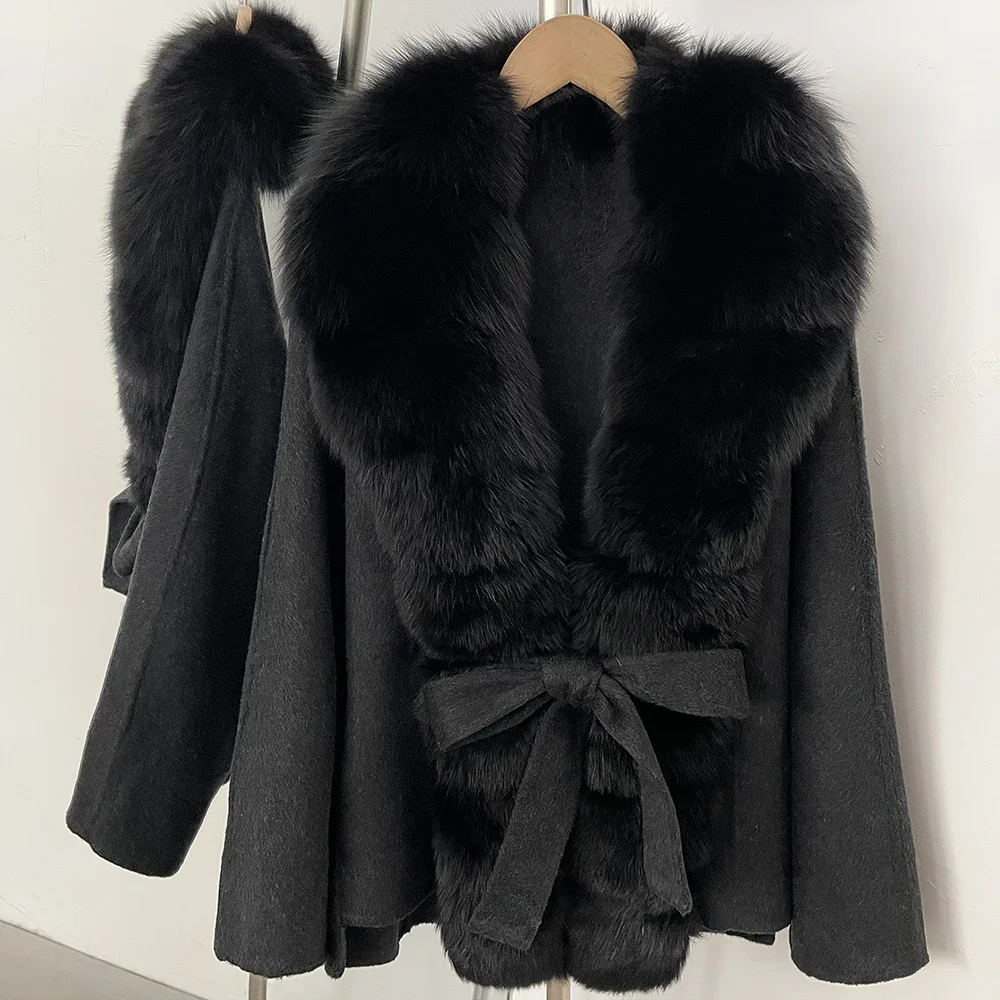 OFTBUY Damenmantel aus 100 % Wolle, neuer, warmer Wollmantel für den Winter, mit echtem Fuchspelzkragen, Revers und Gürtel, Wolljacke für Damen. – Detail 12