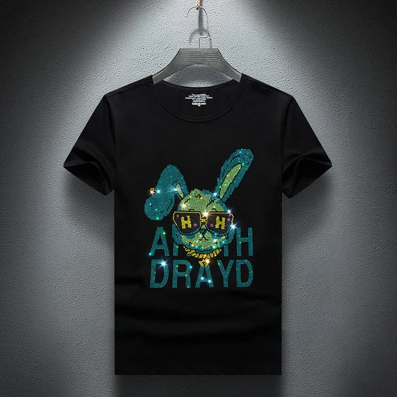 

2025 футболки со стразами и мультяшным узором, мужская модная уличная одежда, высокое качество, тонкая футболка с коротким рукавом и круглым вырезом, мужские большие размеры 7XL