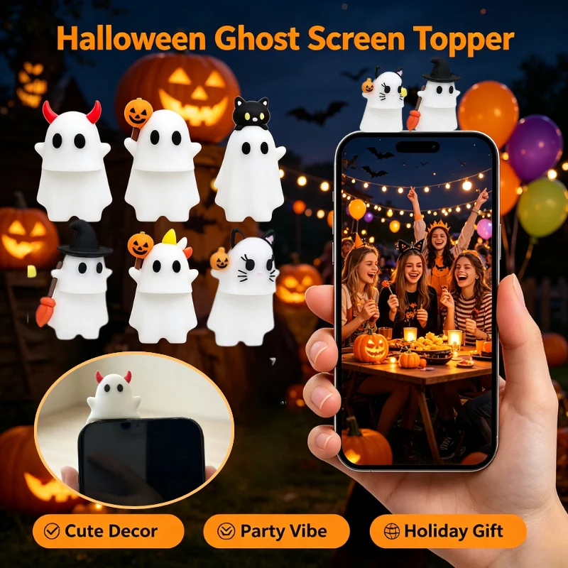 6pcs Halloween Mini Ghost Phone Camera Decor Cute Ghost Figurine Ornament For Cell Phone Lens Top Festival Party Photo Decor