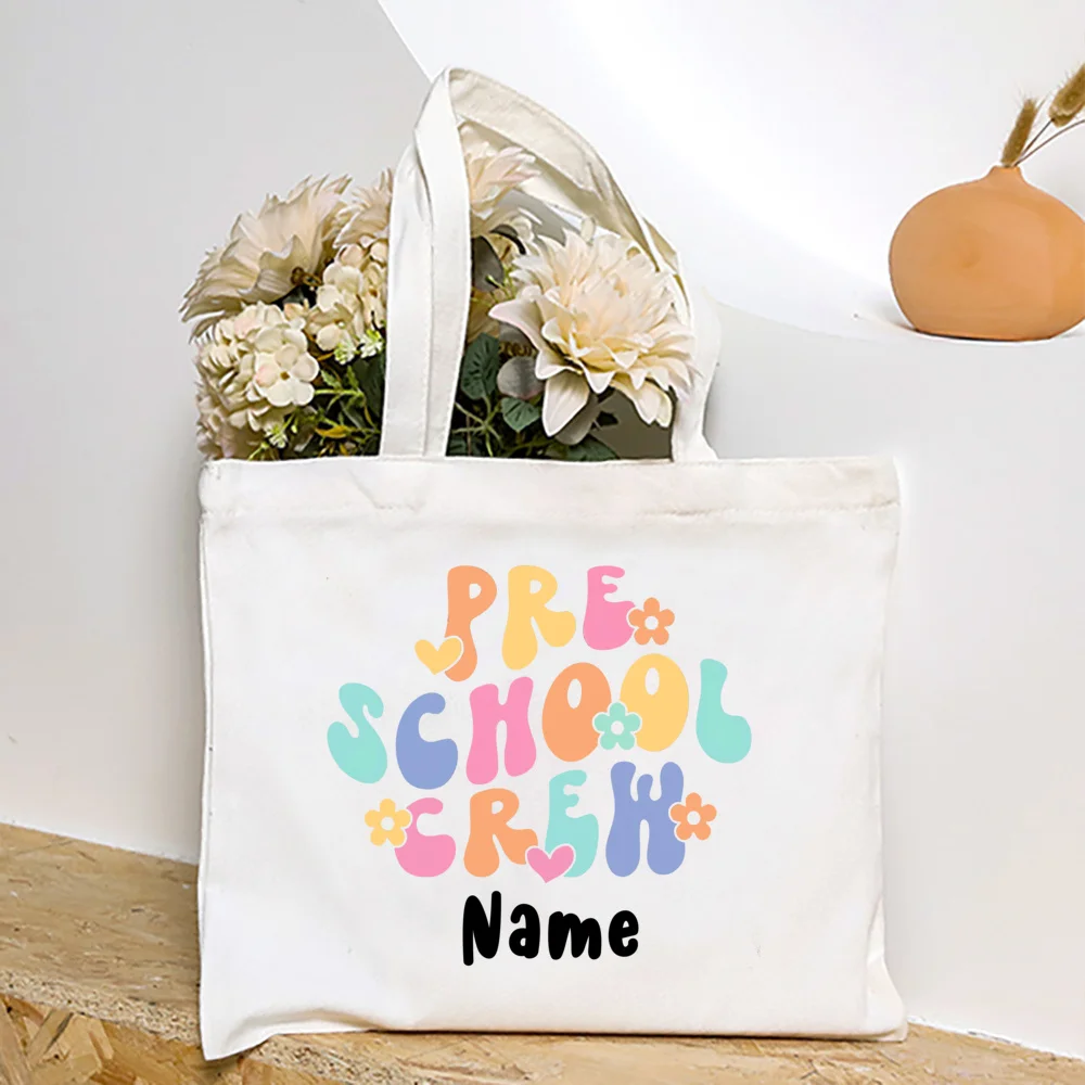 Pre School Crew Print Custom Name Teachers Handabags Travel Commuter Canvas Handbag Portable Large Capacity Tote Bag Best Gifts