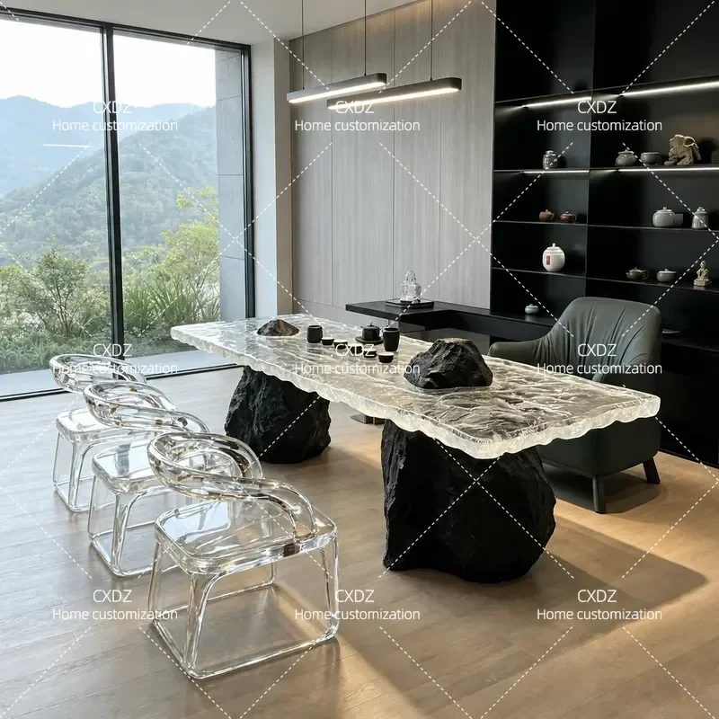 Luxury Transparent Ice Pattern Resin Tea Table Double Peak Base for Office Villa Guest Room Artistic Coffee Table