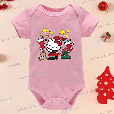 Christmas Cartoon Character Cotton Baby Romper Merry Christmas Cute Hello Kitty Print Girls Clothing Daily Wear Clothes Child
