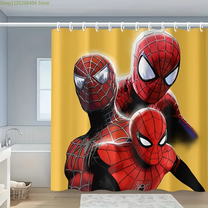 

1pc Marvel Spider-Man Shower Curtain with Hooks - Polyester, Vibrant Cartoon Design, Easy Care, Perfect for Bathroom Decor and