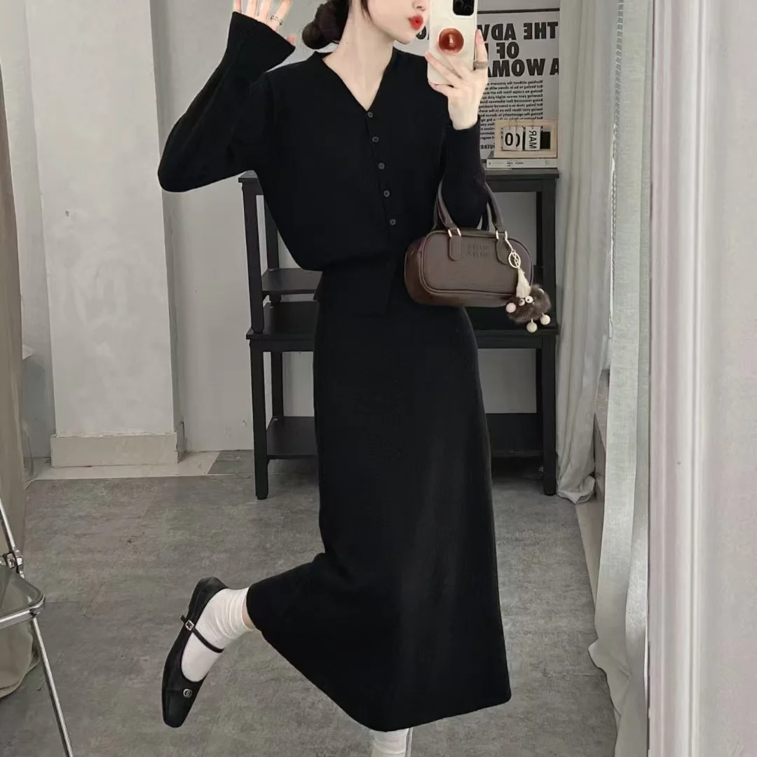 Sweet Girl Casual Suit Women\'s Winter Solid V-neck Sweater Coat Elastic Waist A-line Long Skirt Two-piece Set Female Clothes