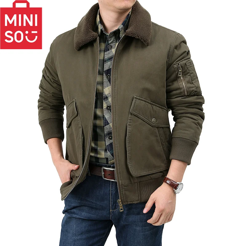 MINISO Heavy Industry Outdoor workwear Jacket with Velvet Thickened Cotton Coat Cotton Jacket Trendy Versatile Men\'s Casual Jack