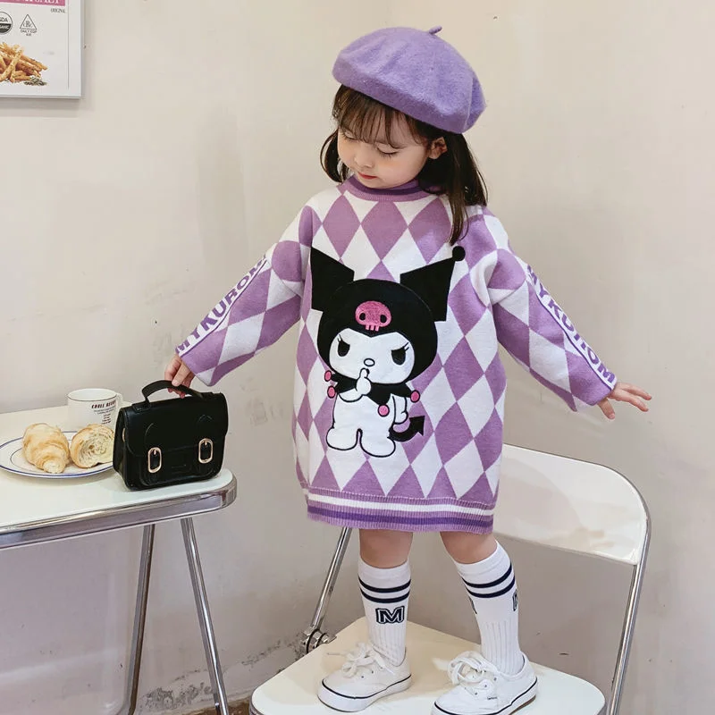 Kawaii Sanrio Kuromi Straight Dresses Cartoon Long Sleeve Spring Autumn Children Medium Long Sweater Long Sleeve Knitting Skirt