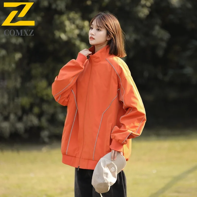 

COMXZ 2025 Womens Orange American Style Functional Windbreaker Waterproof Windproof Outdoor Hiking Stand Collar Workwear Jacket