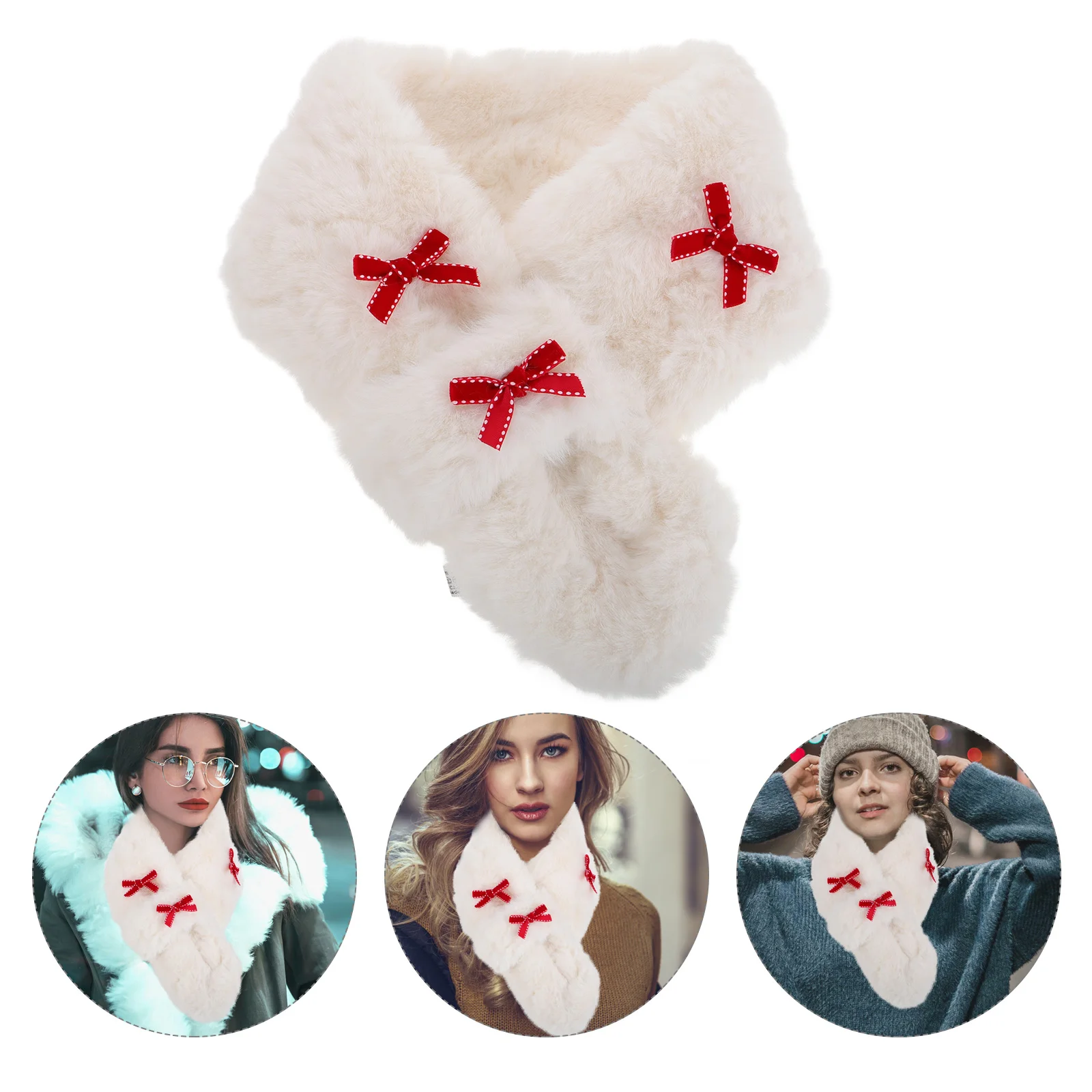 

Winter Bow Scarf Travel Neck Warmer Muffler Tube Fur Shawl Collar Plush Faux Cowl Short Fluffy Neckerchief