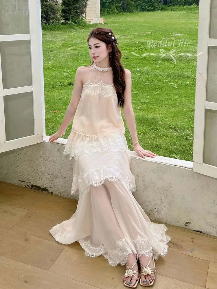 REDDACHiC Chiffon Pink Halter Top Skirt Women Matching Set Holiday Pink Flowy Maxi Skirt Lace Trim Top Fairycore Summer Clothes