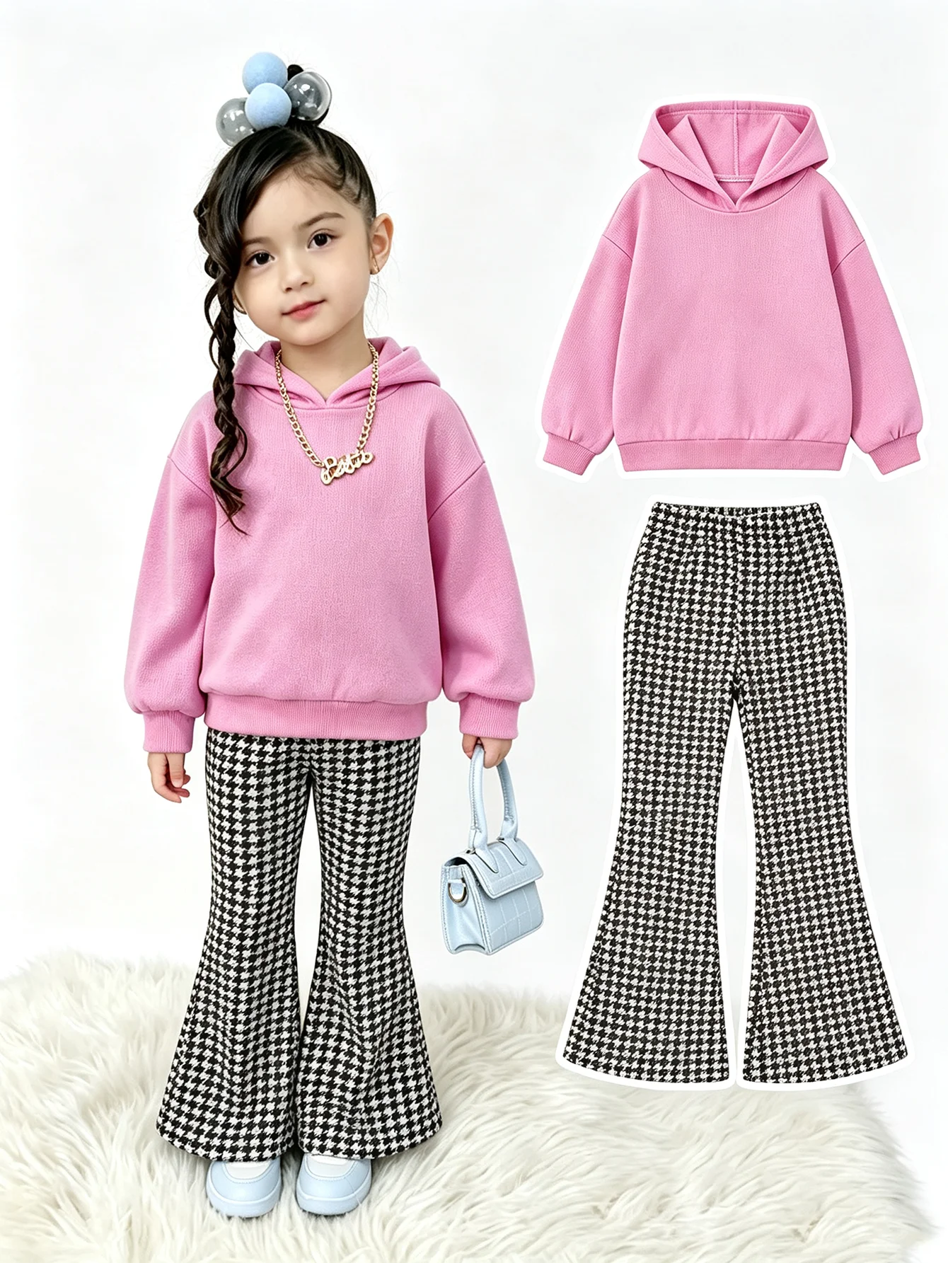 Autumn Children's Clothing Set Hooded Solid Color Long Sleeved Sweatshirt Top with Houndstooth Flared Pants for Kids