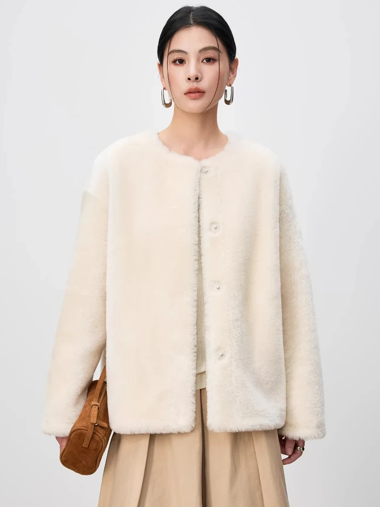 

High-end Luxury Merino Sheep Fur Plush Jackets for Women 2026 Simple O-neck Short Winter Genuine Leather Real Fur Shearling Coat