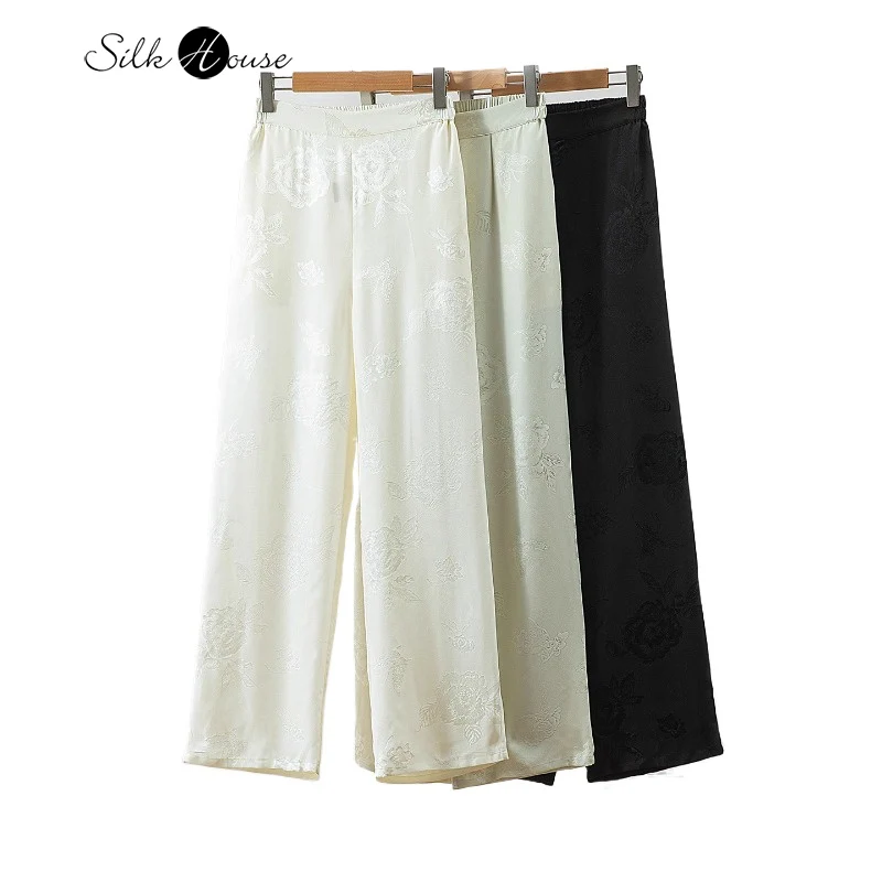 Luxury Grade 100% Natural Mulberry Silk Frosted Jacquard Ghost Crepe Solid Women's Fashionable Casual Loose Straight Pants