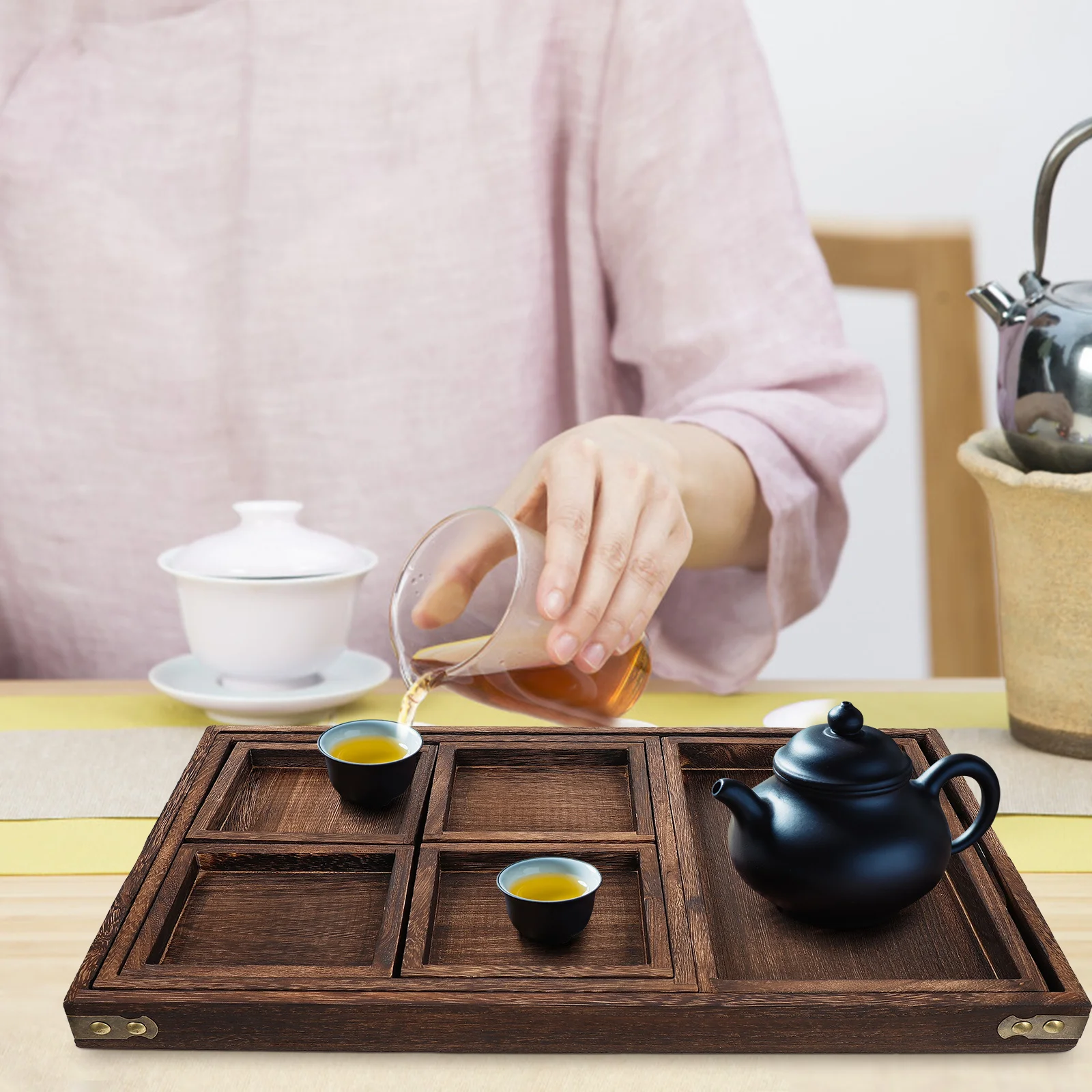 

1Pcs Wooden Food Serving Tray Practical Tea Tray Rectangular Simple Design Anti-Scald Easy Clean for Hotel Home