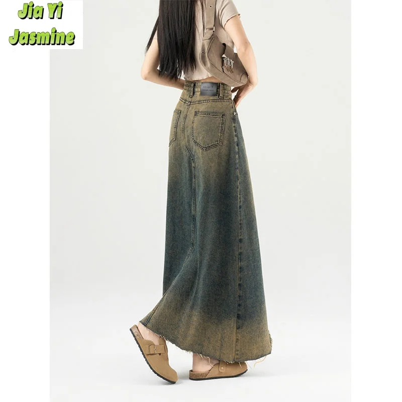 Rok Denim Vintage Retro Amerika untuk wanita, rok panjang setengah garis A berlubang pinggang tinggi baru 2024