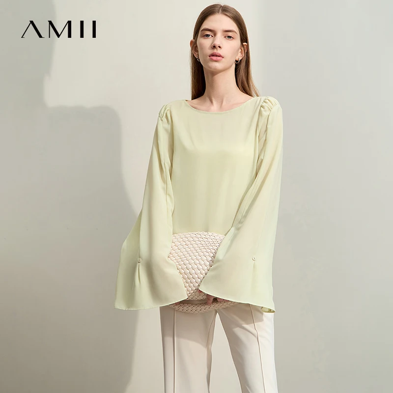 AMII Elegant Blouses Women New 2026 Autumn Solid Slash Neck Long Flare Sleeve Chiffon Shirts Female Fashion Office Lady 12541168