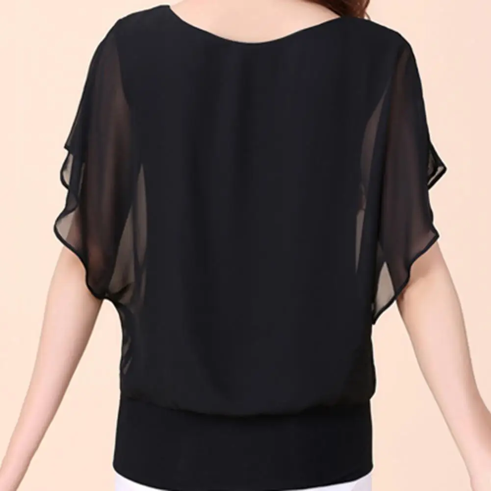 Camicetta di Chiffon donna Top tinta unita O collo Pullover manica a pipistrello con volant camicette Top estivo