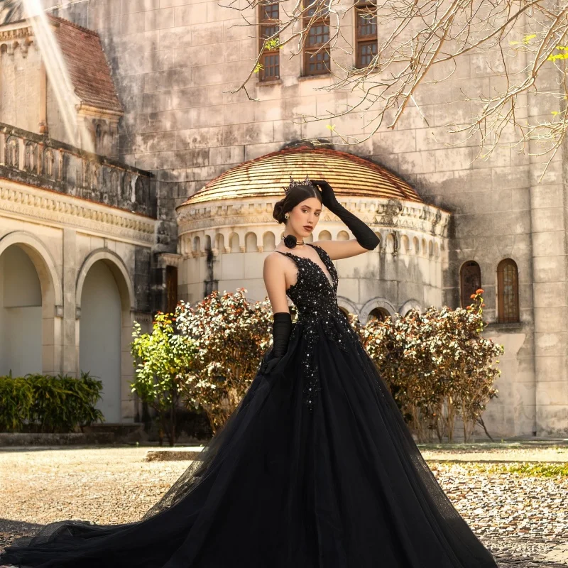 Black Women's Dresses for Party Robe Prom Gown Turkish Sequin 3D Flower Decal Evening Gowns Glitter Long Suitable Request