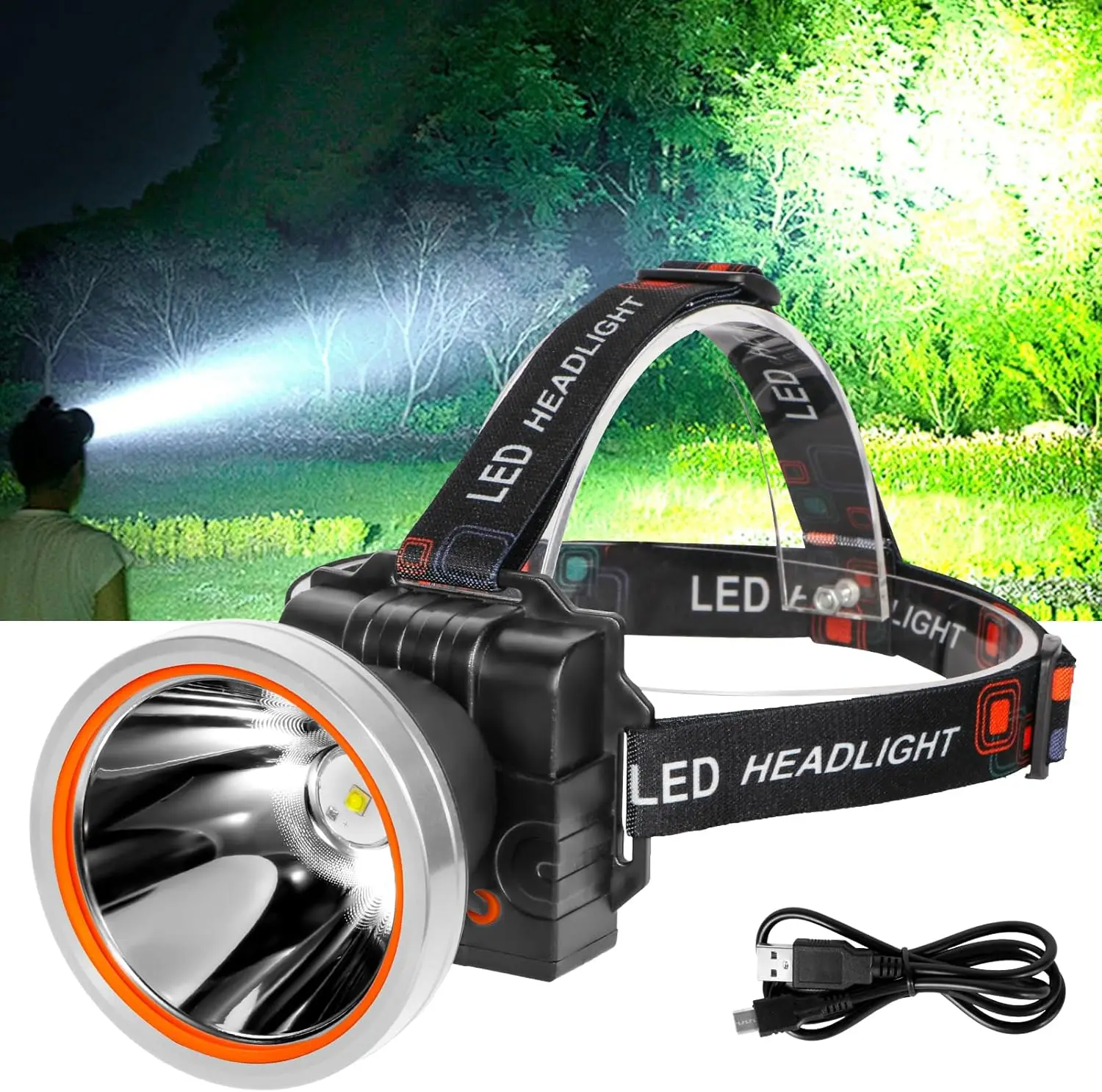 Rechargeable LED Headlamp, High Lumen Waterproof with Adjustable Headband for Night Work & Outdoor Use (Silver-White)