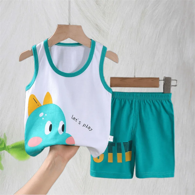 Summer Kids Baby Cartoon Dinosaur Vest+Shorts 2-Piece Clothing Set Pajamas Boys Girls Cotton Casual Tracksuit Clothes Suit 0-6 Y