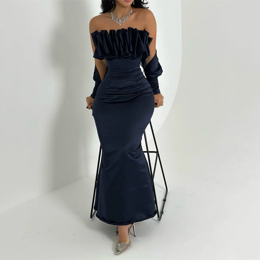 Sexy Strapless Prom Dresses Ankle-Length فساتين الحفلات Backless long Sleeve Mermaid Dress Simple Satin Evening 