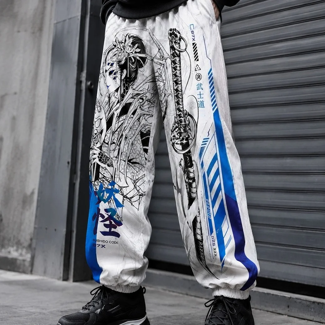 Japanese Samurai, Demon, and Geisha Patterned Jogging Sweatpants, Drawstring Casual Athletic Pants Men, Hip-hop Streetwear Style