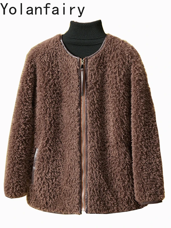 

YOLANFAIRY Casual 100% Wool Coats for Woman Autumn Winter O-neck Lamb Wool Jacket Womens Clothing Fur Coat 2025 Casaco Feminino